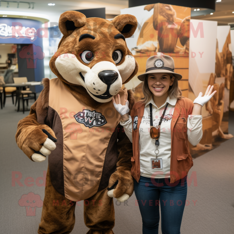 Brown Thylacosmilus mascot costume character dressed with a Mom Jeans and Berets