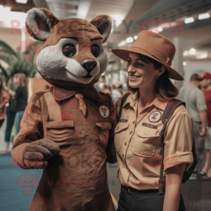 Brown Thylacosmilus mascot costume character dressed with a Mom Jeans and Berets