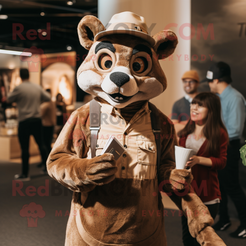 Brown Thylacosmilus mascot costume character dressed with a Mom Jeans and Berets