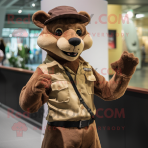 Brown Thylacosmilus mascot costume character dressed with a Mom Jeans and Berets