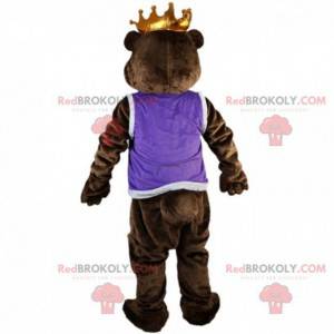 Bruine beer mascotte met een kroon, berenkoning kostuum -