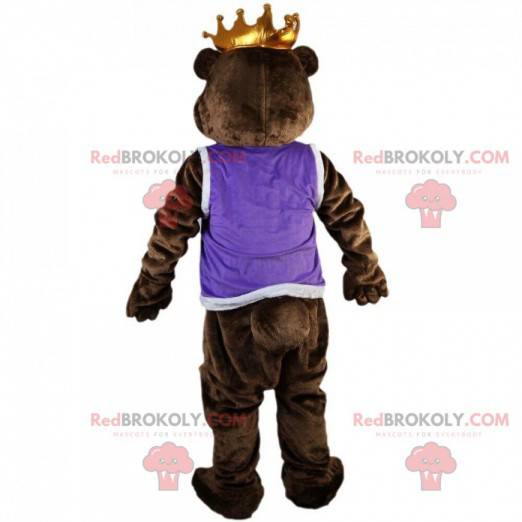 Mascote urso pardo com coroa e fantasia de rei urso -