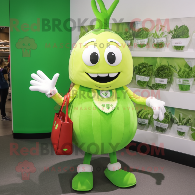 Lime Green Onion mascot costume character dressed with a Oxford Shirt and Handbags Lime Green Onion mascot costume character dressed with a Oxford Shirt and Handbags