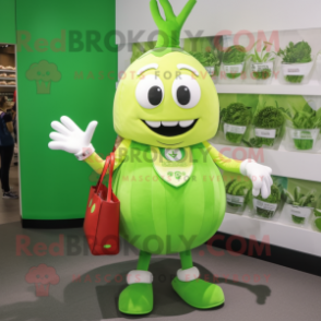 Lime Green Onion mascot costume character dressed with a Oxford Shirt and Handbags