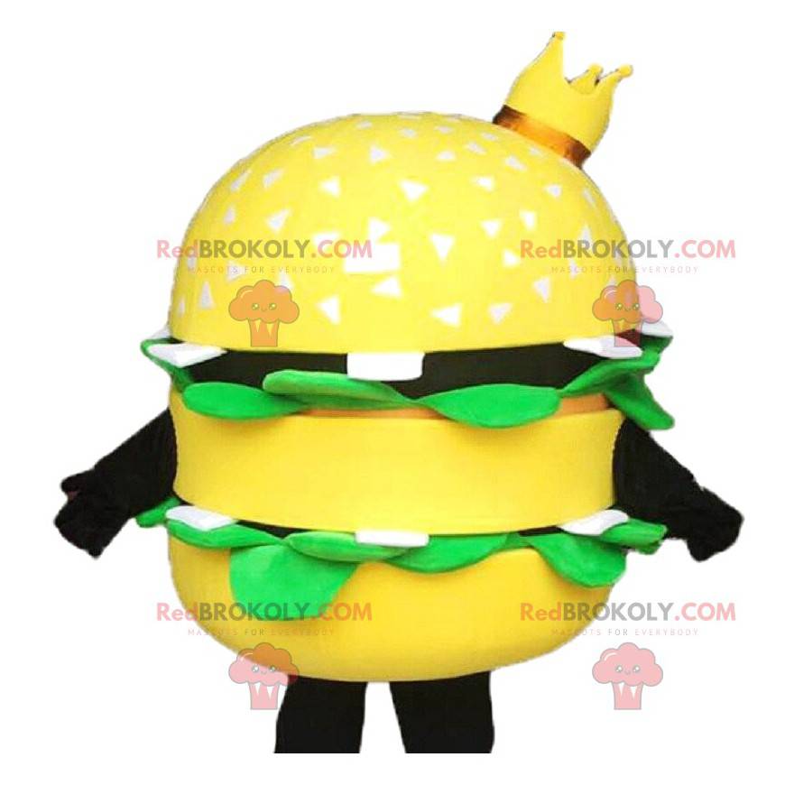 Gigantische gele hamburger mascotte, met een kroon erboven -