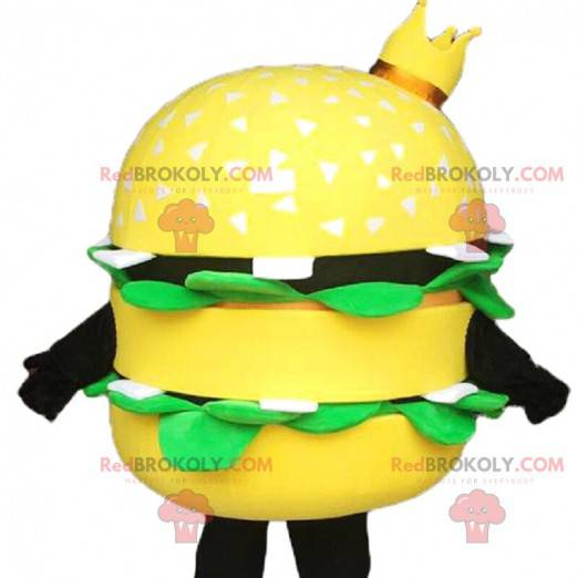 Mascota de hamburguesa amarilla gigante, con una corona -