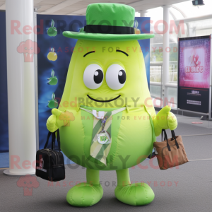 Lime Green Onion mascot costume character dressed with a Oxford Shirt and Handbags