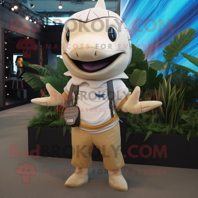 Beige Swordfish mascot costume character dressed with a Romper and Necklaces