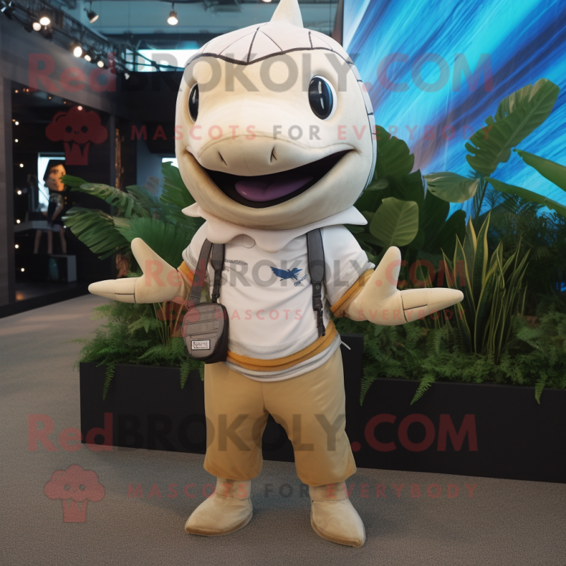 Beige Swordfish mascot costume character dressed with a Romper and Necklaces Beige Swordfish mascot costume character dressed with a Romper and Necklaces