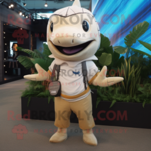 Beige Swordfish mascot costume character dressed with a Romper and Necklaces