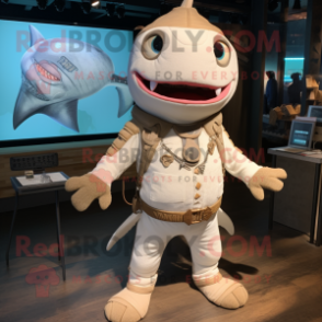 Beige Swordfish mascot costume character dressed with a Romper and Necklaces