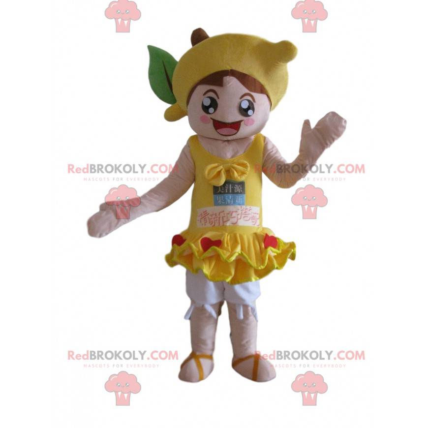 Mädchenmaskottchen mit einer Zitrone auf ihrem Kopf Mädchenmaskottchen mit einer Zitrone auf ihrem Kopf