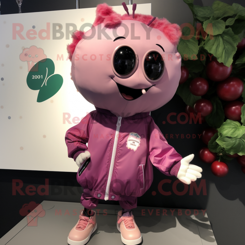 Pink Grape mascot costume character dressed with a Bomber Jacket and Brooches