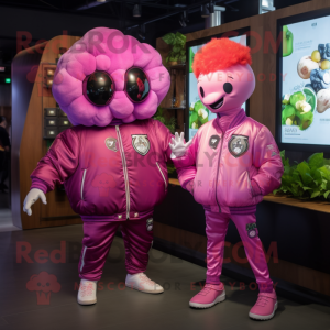 Pink Grape mascot costume character dressed with a Bomber Jacket and Brooches
