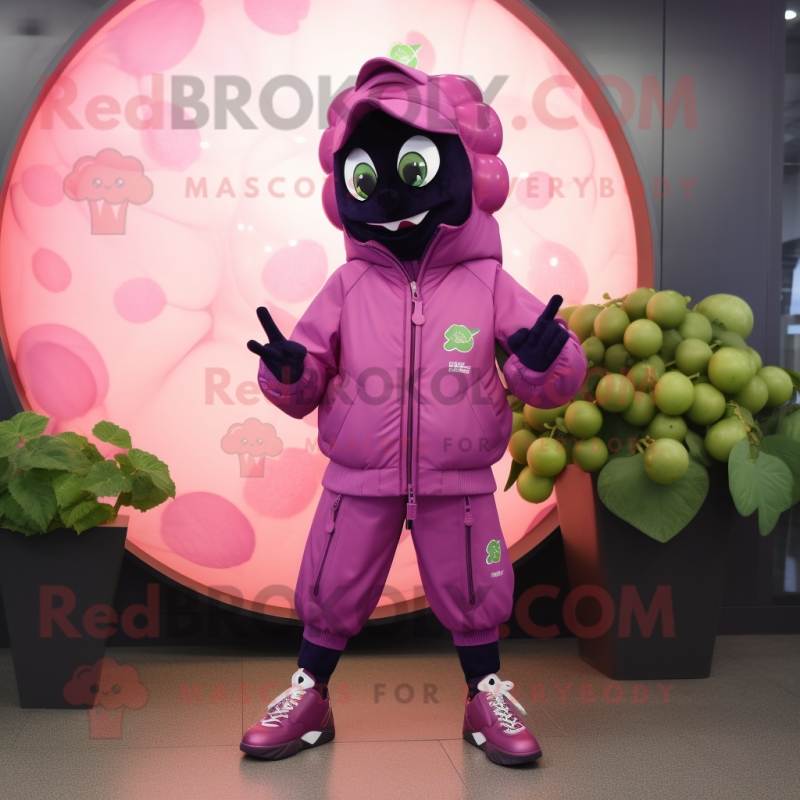 Pink Grape mascot costume character dressed with a Bomber Jacket and Brooches