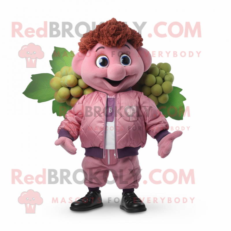 Pink Grape mascot costume character dressed with a Bomber Jacket and Brooches