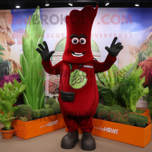 Maroon Asparagus mascot costume character dressed with a Flare Jeans and Gloves