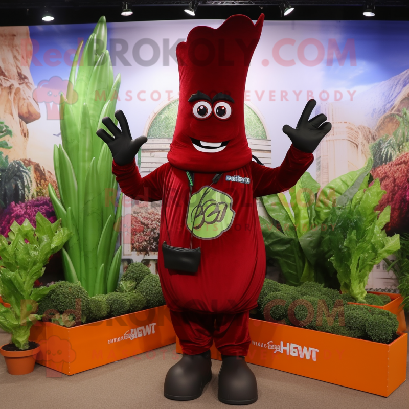 Maroon Asparagus mascot costume character dressed with a Flare Jeans and Gloves Maroon Asparagus mascot costume character dressed with a Flare Jeans and Gloves