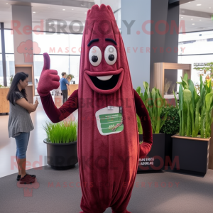 Maroon Asparagus mascot costume character dressed with a Flare Jeans and Gloves