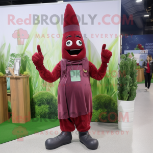 Maroon Asparagus mascot costume character dressed with a Flare Jeans and Gloves