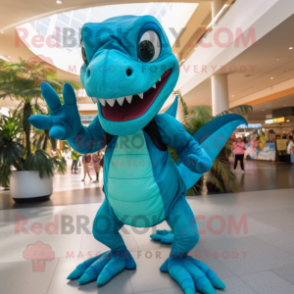 Turquoise Dimorphodon mascot costume character dressed with a Circle Skirt and Gloves