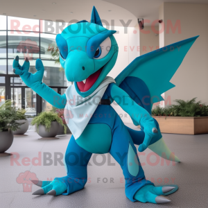 Turquoise Dimorphodon mascot costume character dressed with a Circle Skirt and Gloves