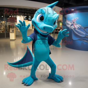 Turquoise Dimorphodon mascot costume character dressed with a Circle Skirt and Gloves