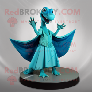 Turquoise Dimorphodon mascot costume character dressed with a Circle Skirt and Gloves