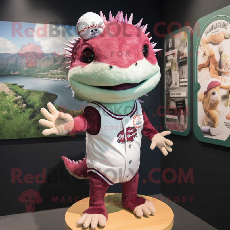 Maroon Axolotls mascot costume character dressed with a Baseball Tee and Bracelet watches