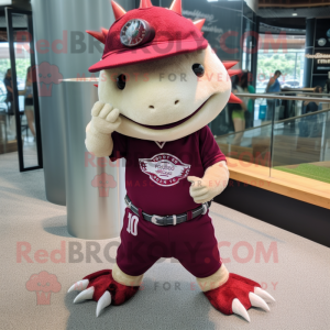 Maroon Axolotls mascot costume character dressed with a Baseball Tee and Bracelet watches