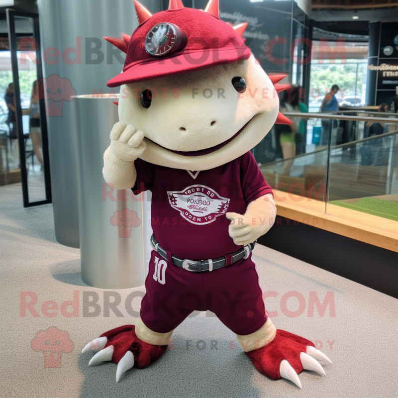 Maroon Axolotls mascot costume character dressed with a Baseball Tee and Bracelet watches Maroon Axolotls mascot costume character dressed with a Baseball Tee and Bracelet watches