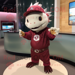 Maroon Axolotls mascot costume character dressed with a Baseball Tee and Bracelet watches