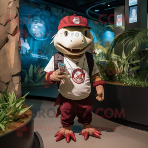 Maroon Axolotls mascot costume character dressed with a Baseball Tee and Bracelet watches