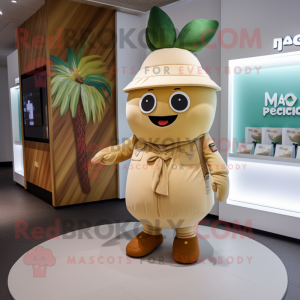 Beige Mango mascot costume character dressed with a Playsuit and Messenger bags