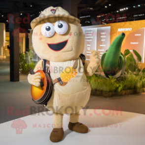 Beige Mango mascot costume character dressed with a Playsuit and Messenger bags