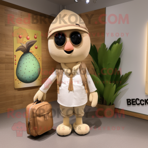 Beige Mango mascot costume character dressed with a Playsuit and Messenger bags