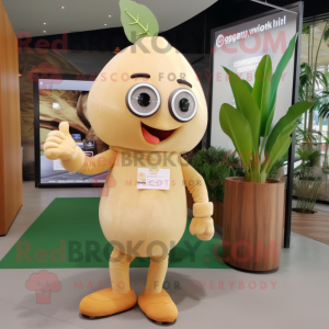 Beige Mango mascot costume character dressed with a Playsuit and Messenger bags