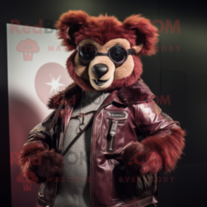 Maroon Lemur mascot costume character dressed with a Leather Jacket and Wallets