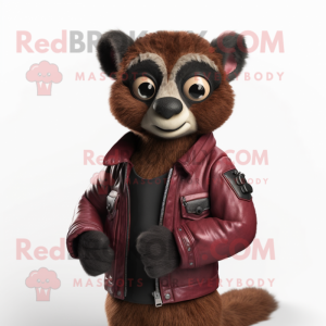 Maroon Lemur mascot costume character dressed with a Leather Jacket and Wallets