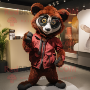 Maroon Lemur mascot costume character dressed with a Leather Jacket and Wallets