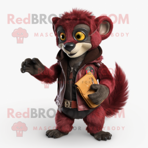Maroon Lemur mascot costume character dressed with a Leather Jacket and Wallets