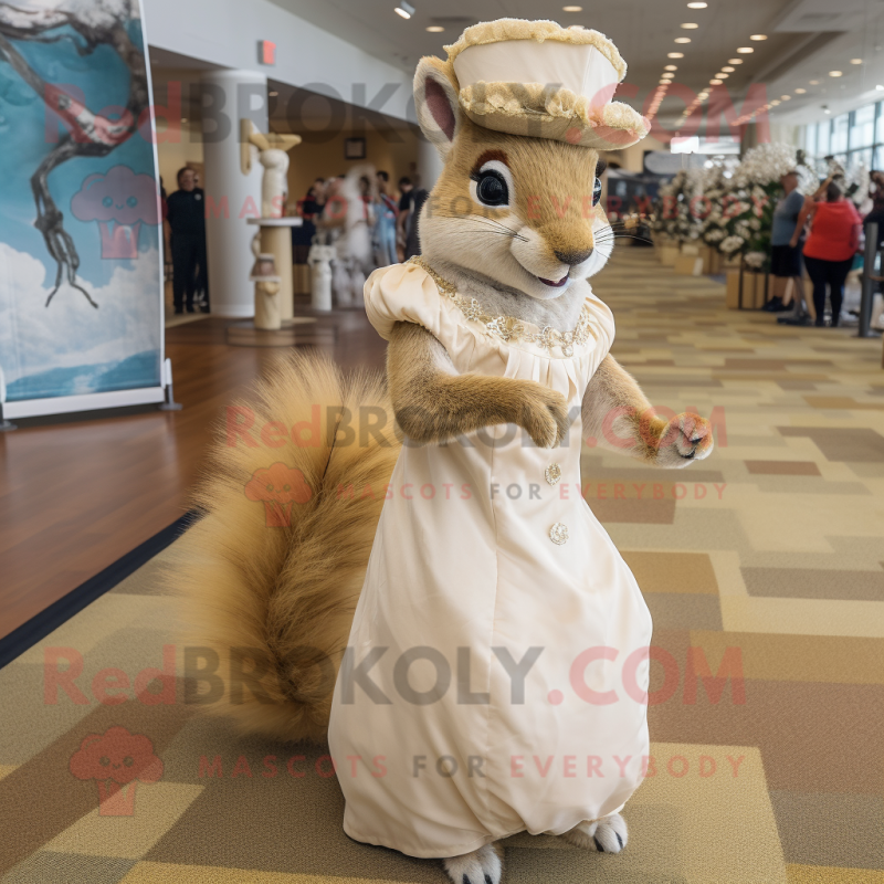 Tan Squirrel mascot costume character dressed with a Wedding Dress and Caps