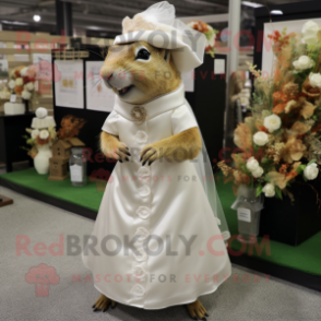 Tan Squirrel mascot costume character dressed with a Wedding Dress and Caps