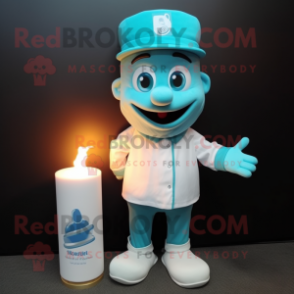 Cyan Scented Candle mascot costume character dressed with a Polo Shirt and Caps