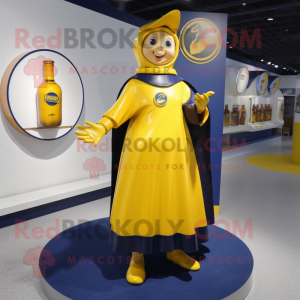 Navy Bottle Of Mustard mascot costume character dressed with a Circle Skirt and Shawl pins