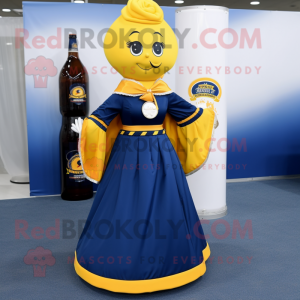 Navy Bottle Of Mustard mascot costume character dressed with a Circle Skirt and Shawl pins