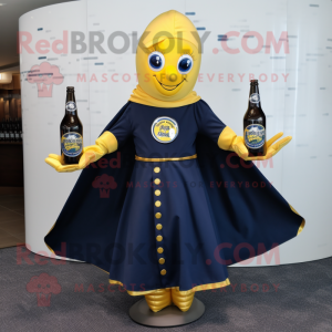 Navy Bottle Of Mustard mascot costume character dressed with a Circle Skirt and Shawl pins