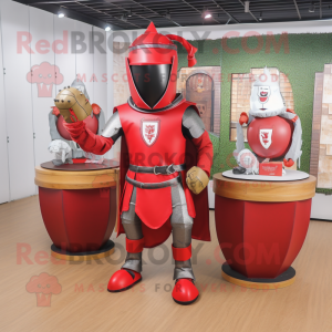 Red Medieval Knight mascot costume character dressed with a Yoga Pants and Coin purses