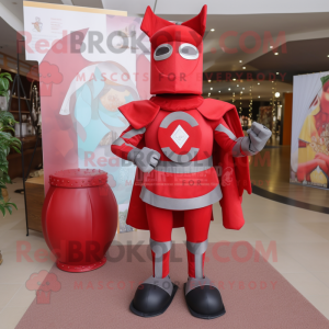 Red Medieval Knight mascot costume character dressed with a Yoga Pants and Coin purses