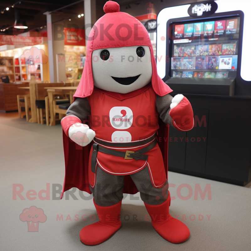 Red Medieval Knight mascot costume character dressed with a Yoga Pants and Coin purses